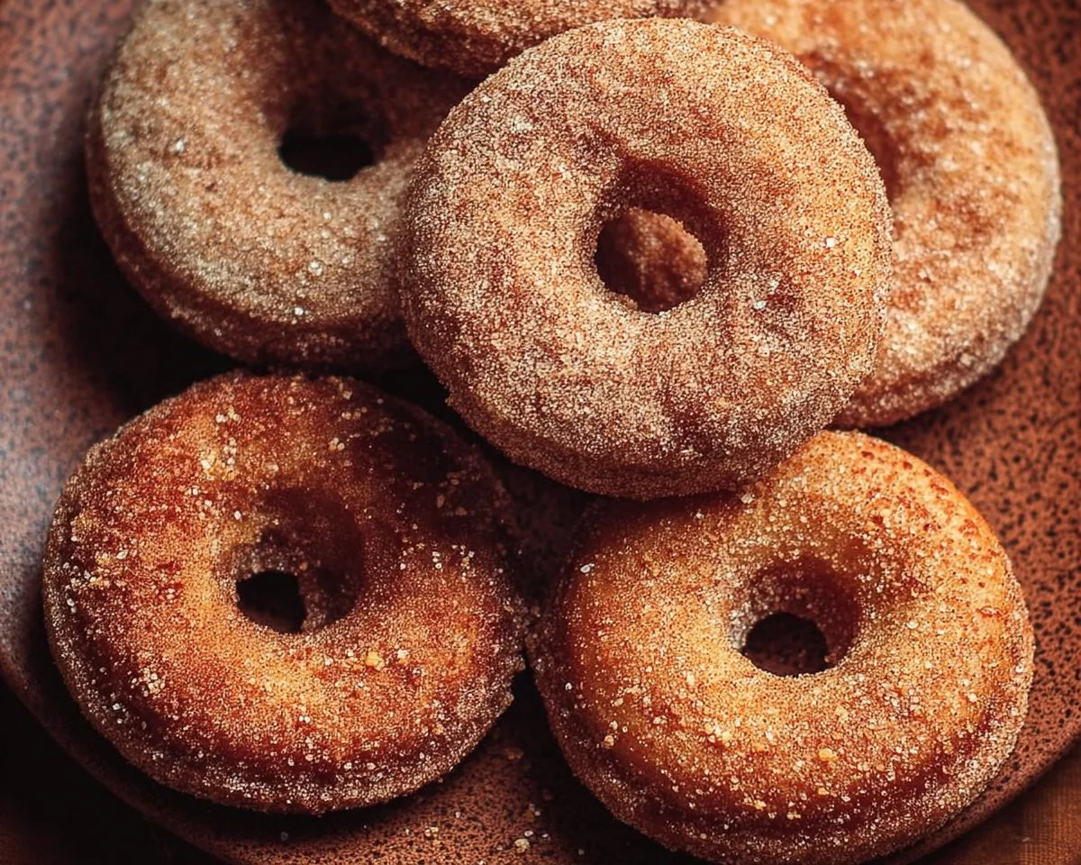 Freshly baked cinnamon sugar donuts on a plate