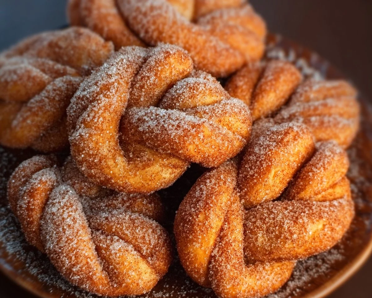 Freshly baked Cinnamon Sugar Twist Donuts coated in sweet cinnamon sugar