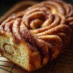 Freshly baked Cinnamon Swirl Donut Bread with a rich cinnamon topping