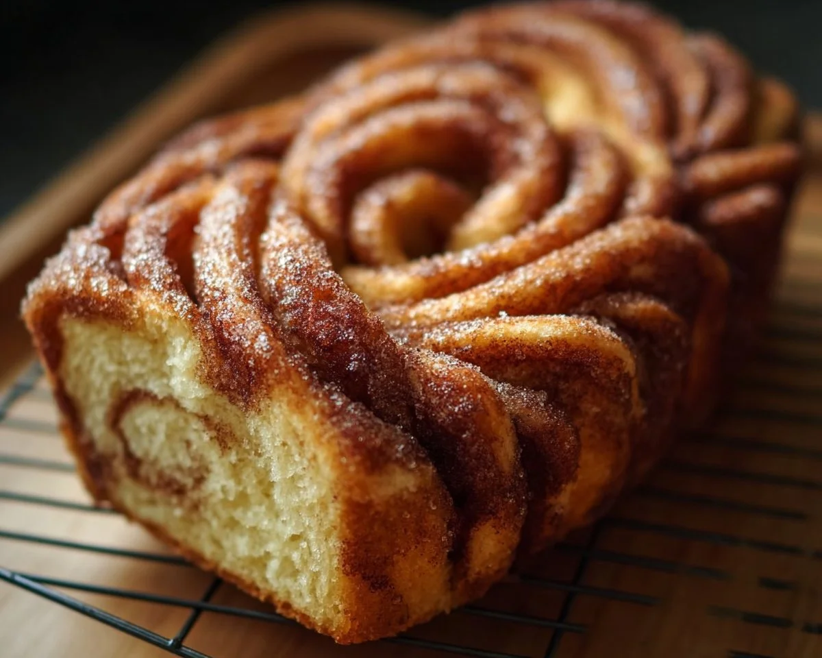 Freshly baked Cinnamon Swirl Donut Bread with a rich cinnamon topping
