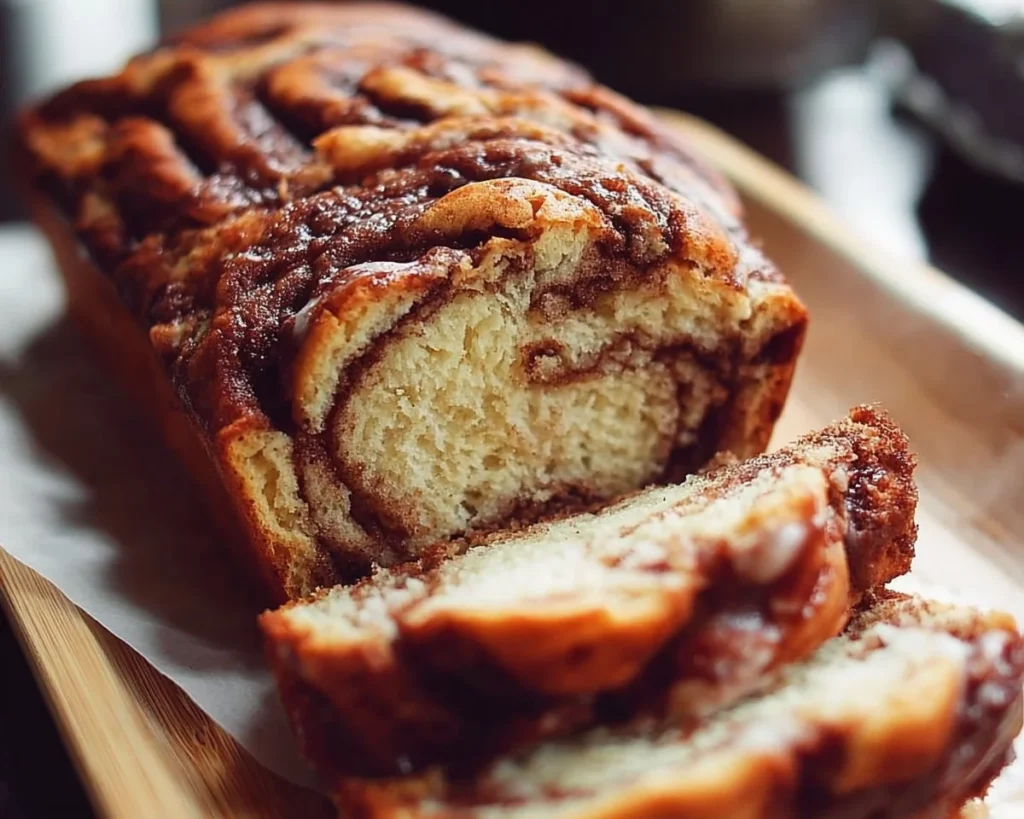 Delicious Cinnamon Swirl Quick Bread with a rich, spiraled cinnamon filling.