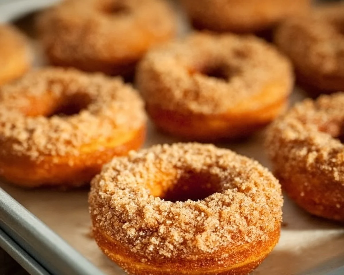 Freshly baked coffee cake donuts topped with cinnamon sugar and glaze