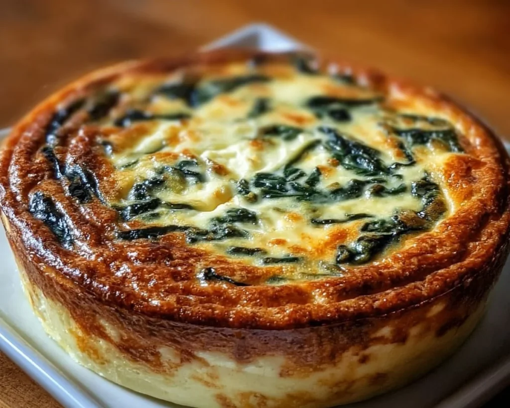 Creamy cottage cheese and spinach crustless quiche served on a plate