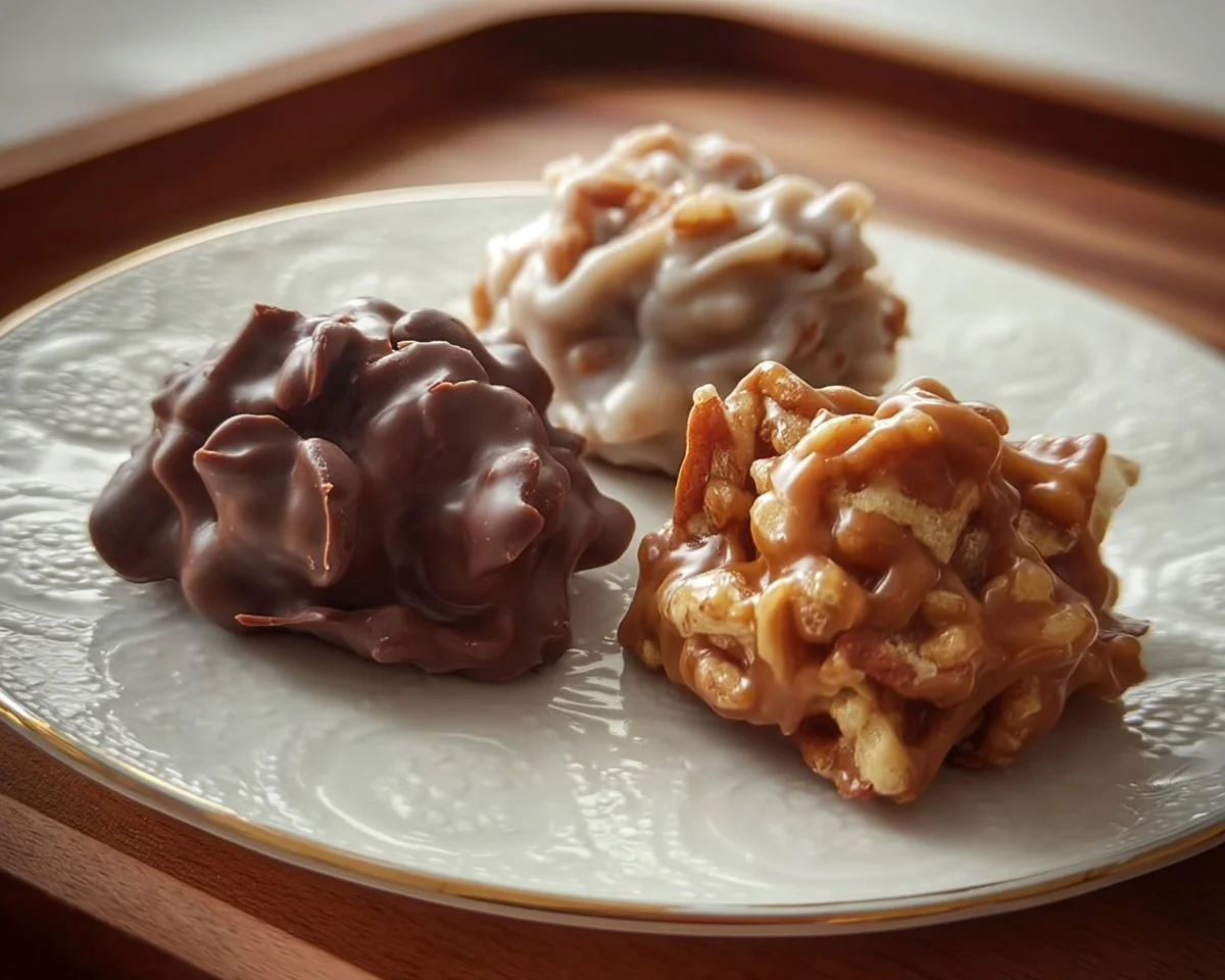 Three delicious variants of crispy pralines on a decorative plate