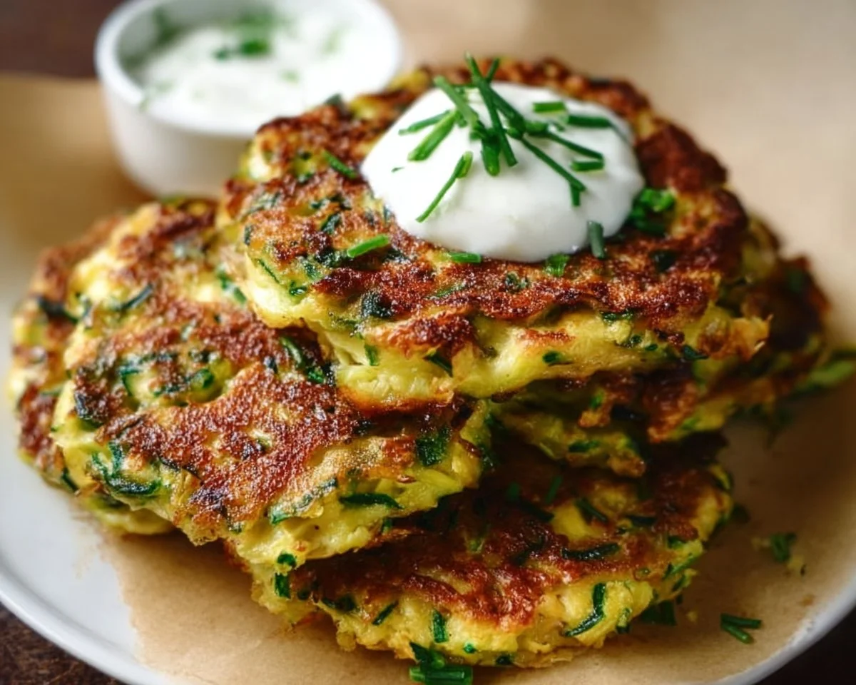 Crispy zucchini fritters served with dipping sauce on a plate