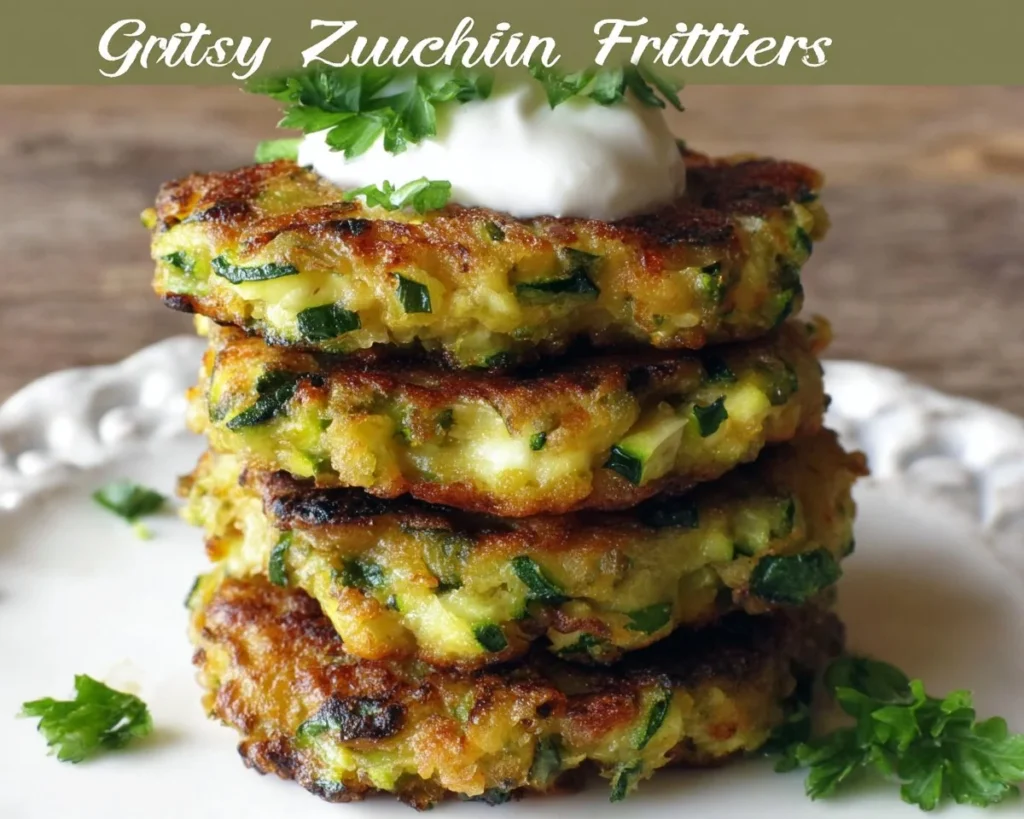 Crispy zucchini fritters served on a plate with a dipping sauce.