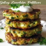 Crispy zucchini fritters served on a plate with a dipping sauce.