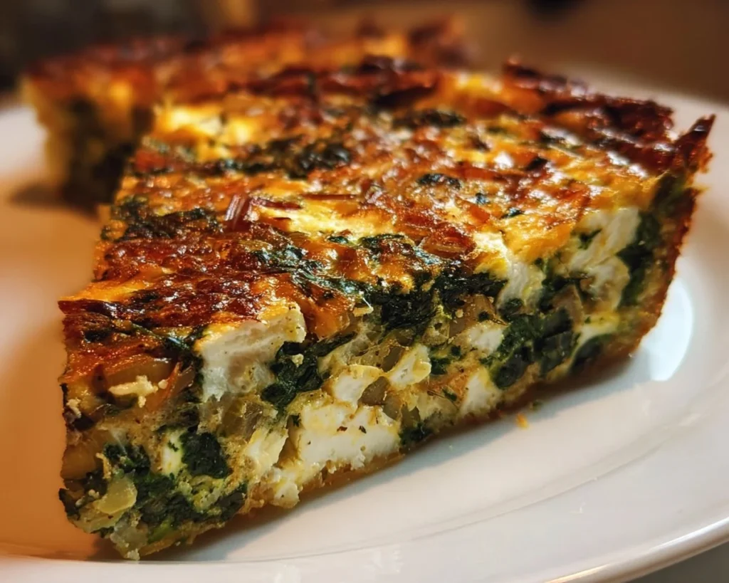 Crustless spinach quiche with onion and feta served on a plate