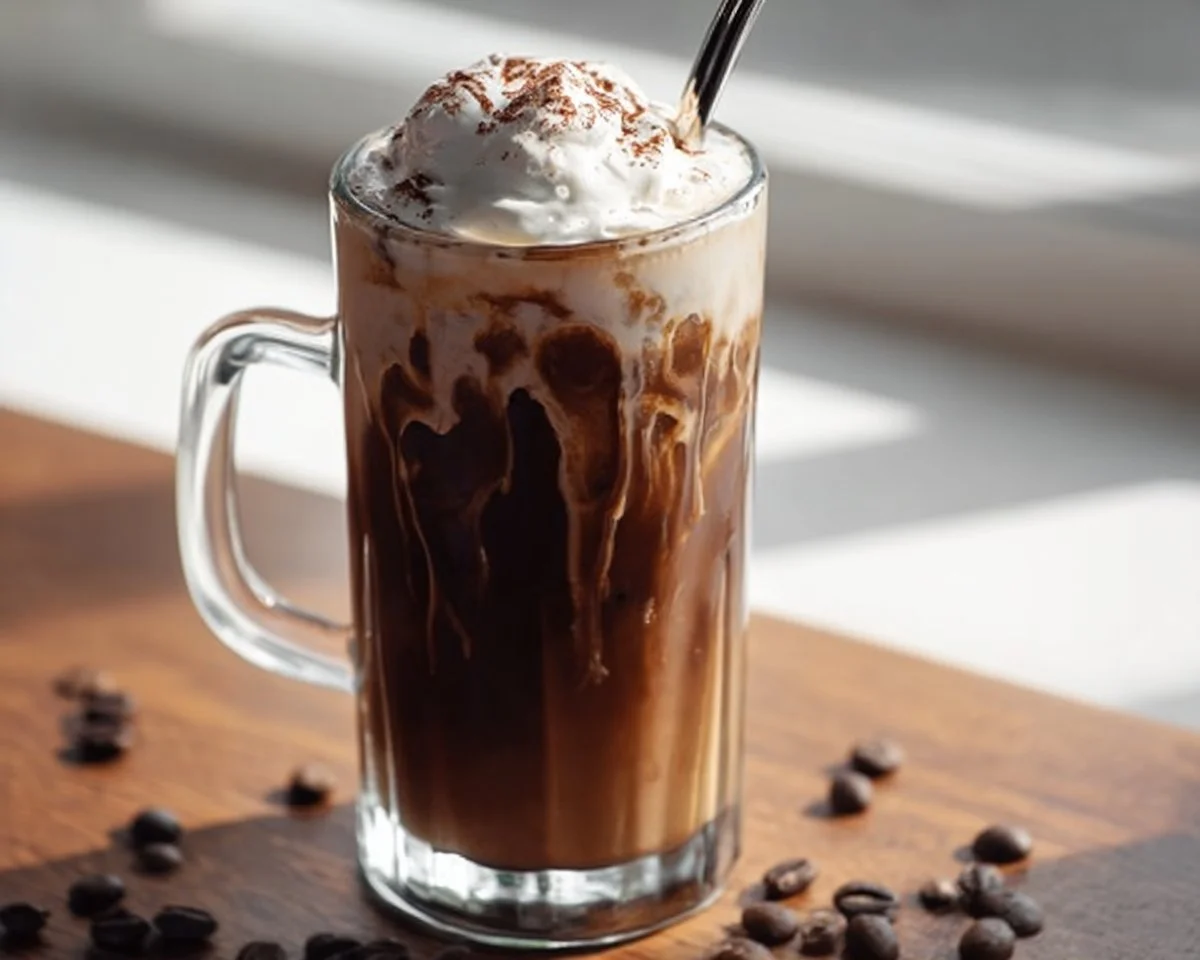 Delicious Double Chocolate Mocha Iced Coffee with whipped cream and chocolate drizzle