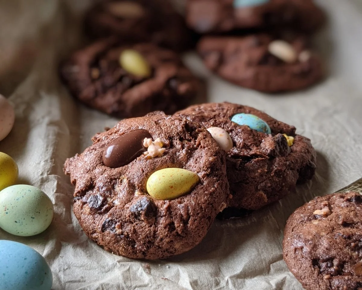 Freshly baked Easter Chocolate Cookies decorated for spring festivities.