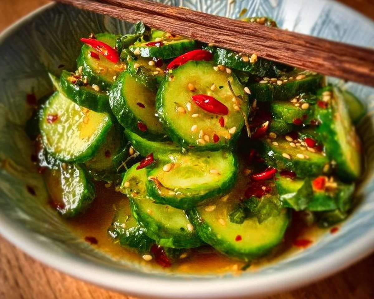 Fresh Asian cucumber salad with sesame dressing and vegetables