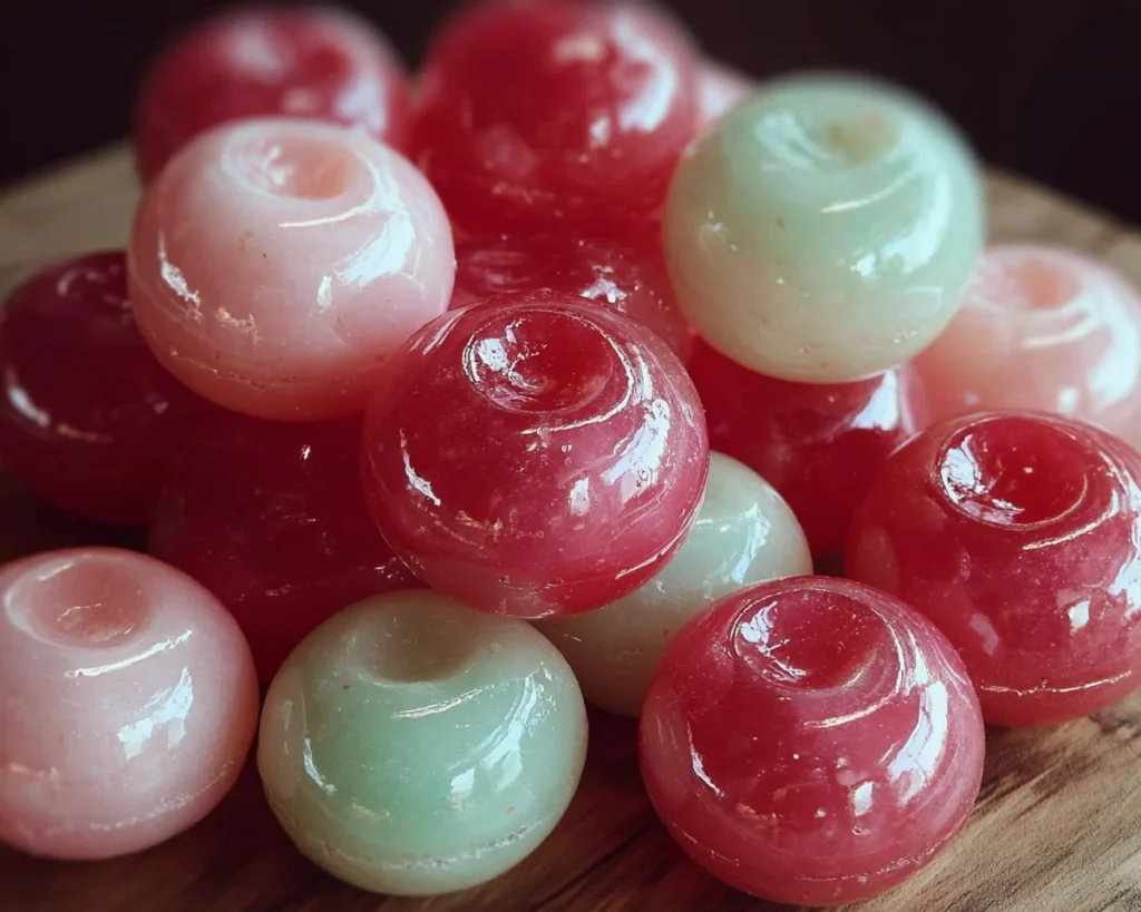Colorful homemade bubble gum balls on a wooden table