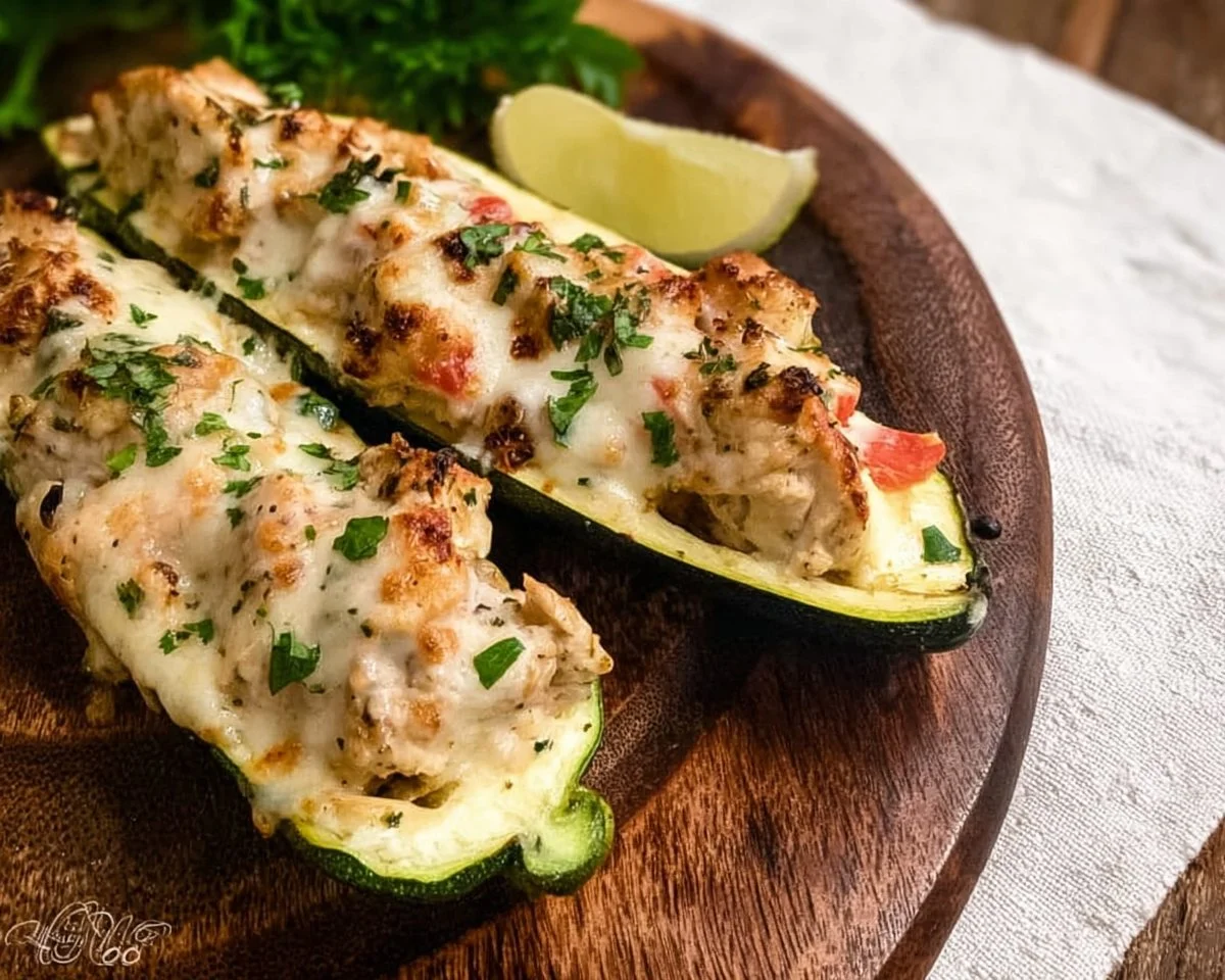 Easy Keto Chicken Alfredo zucchini boats topped with fresh herbs