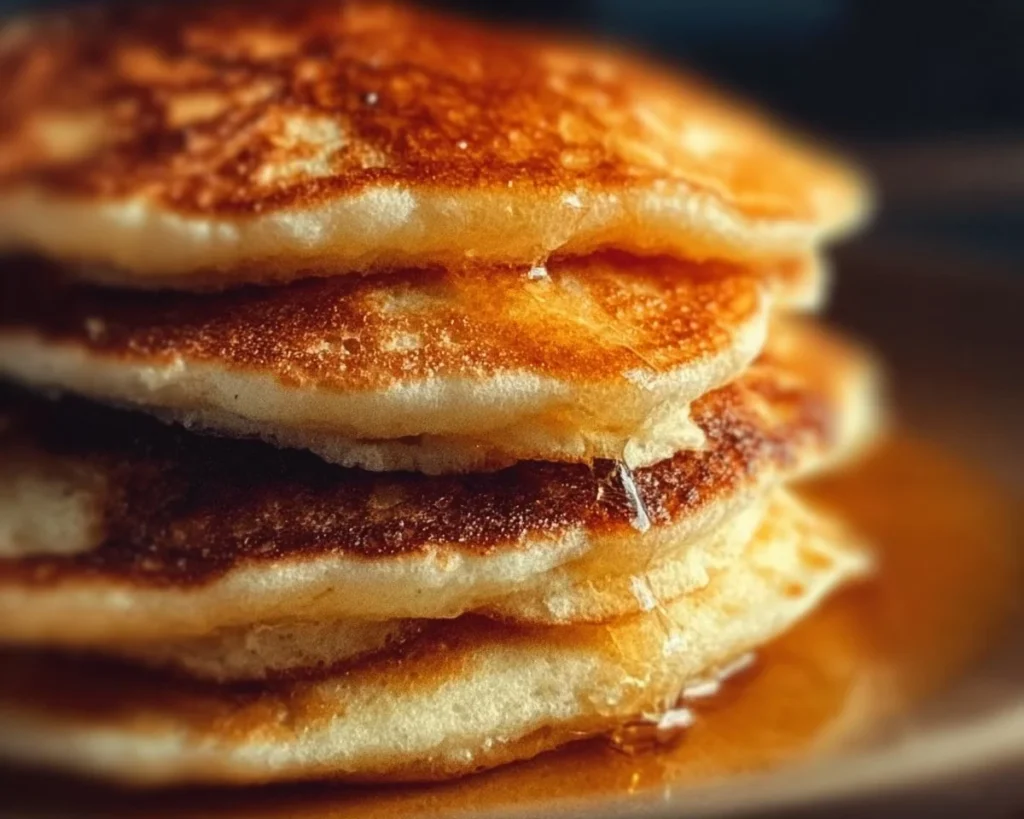 Plate of light and fluffy pancakes with syrup and berries