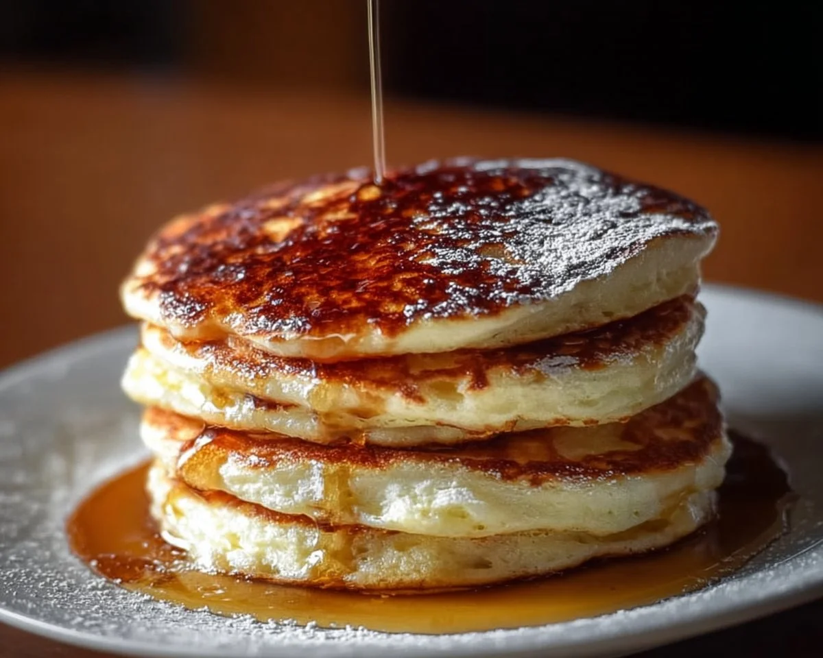 Stack of fluffy pancakes with syrup and berries on a plate
