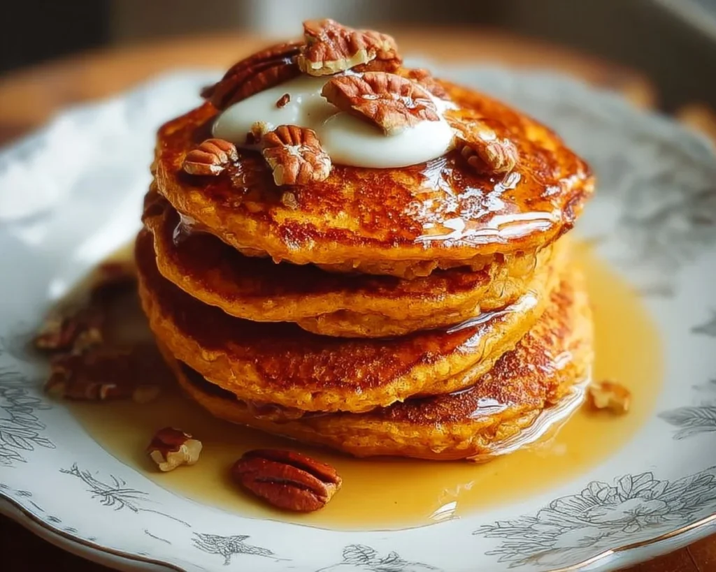 Fluffy sweet potato pancakes stacked with syrup and butter