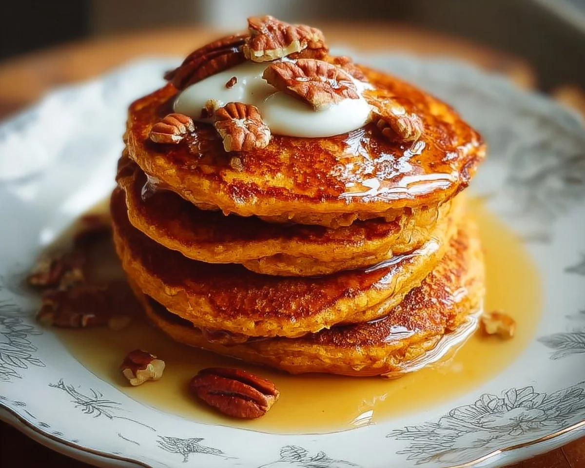 Fluffy sweet potato pancakes stacked with syrup and butter