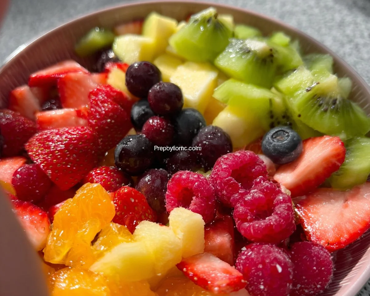 Colorful bowl of fresh fruit salad with various fruits like berries, melons, and kiwi.