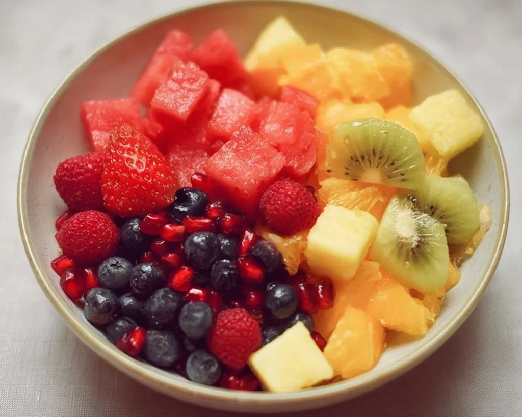 Colorful bowl of mixed fruit salad with fresh berries, melon, and pineapple.