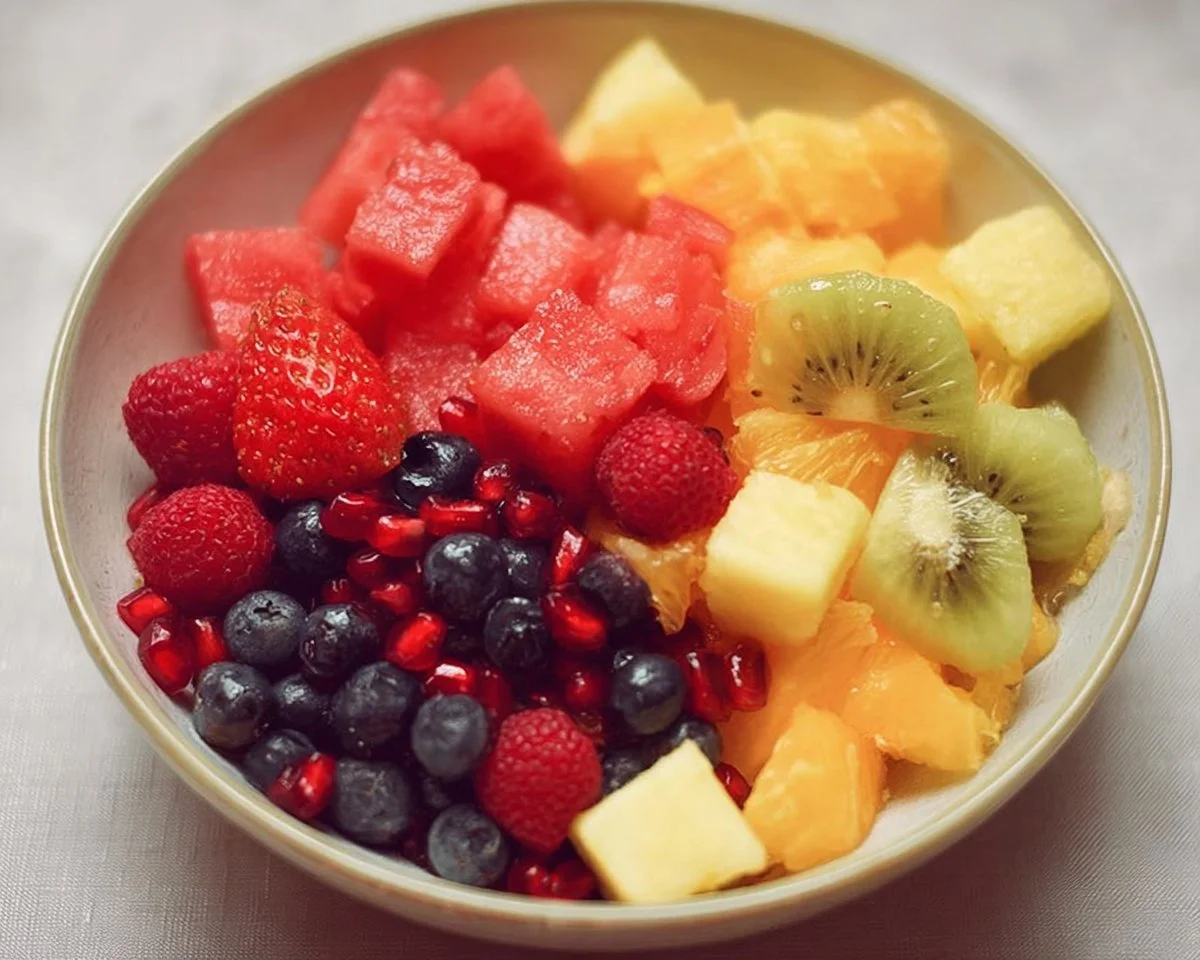 Colorful bowl of mixed fruit salad with fresh berries, melon, and pineapple.