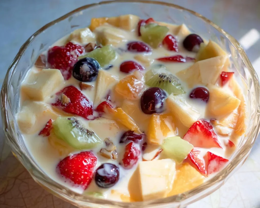 Delicious fruit salad topped with creamy condensed milk