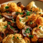 Garlic Mushrooms and Cauliflower Skillet dish served in a pan