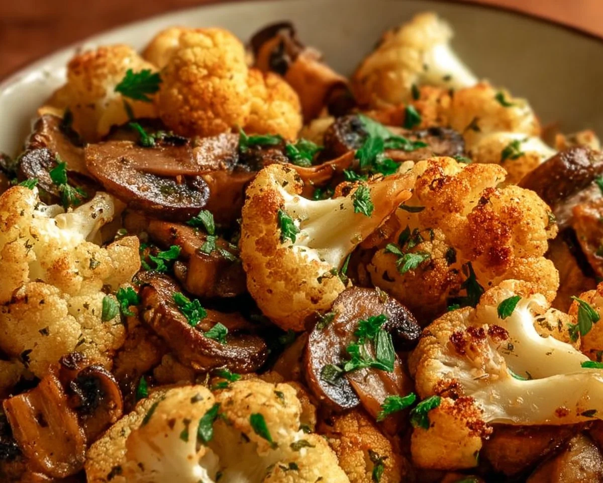 Garlic Mushrooms and Cauliflower Skillet dish served in a pan