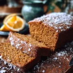 Gluten-free vegan ginger cake topped with a dust of powdered sugar