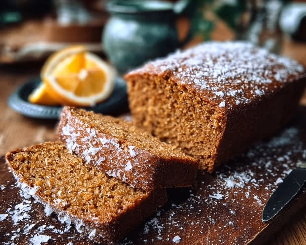 Gluten-free vegan ginger cake topped with a dust of powdered sugar