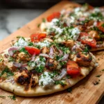 Greek Chicken Flatbreads topped with fresh vegetables and herbs.