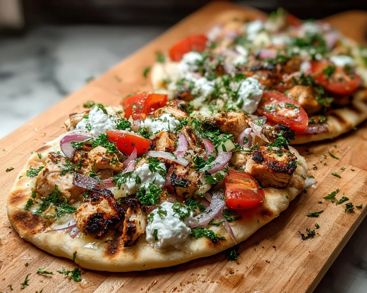 Greek Chicken Flatbreads topped with fresh vegetables and herbs.