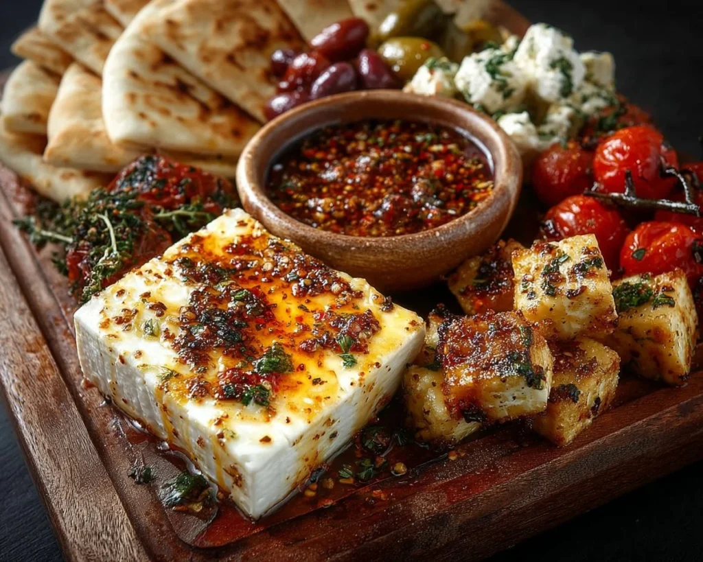 Greek feta mezze platter with chili honey drizzle and assorted dips.