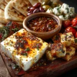 Greek feta mezze platter with chili honey drizzle and assorted dips.
