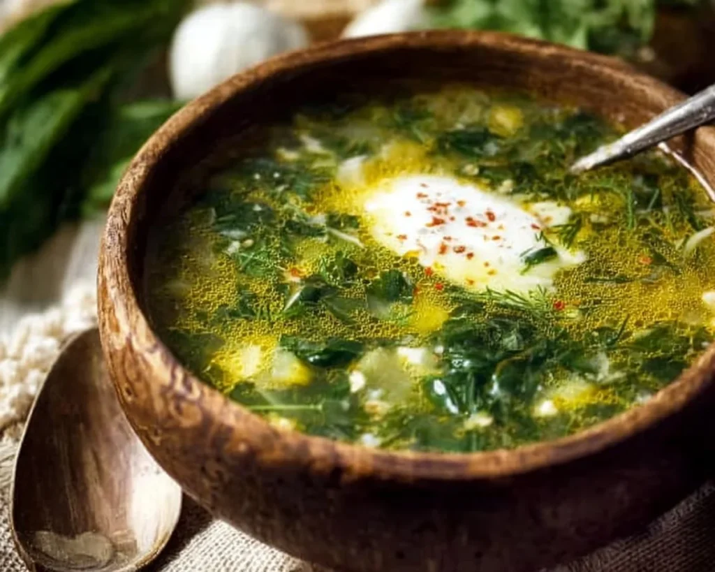 Bowl of Green Borscht garnished with herbs and served with a slice of bread.