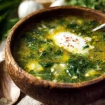 Bowl of Green Borscht garnished with herbs and served with a slice of bread.