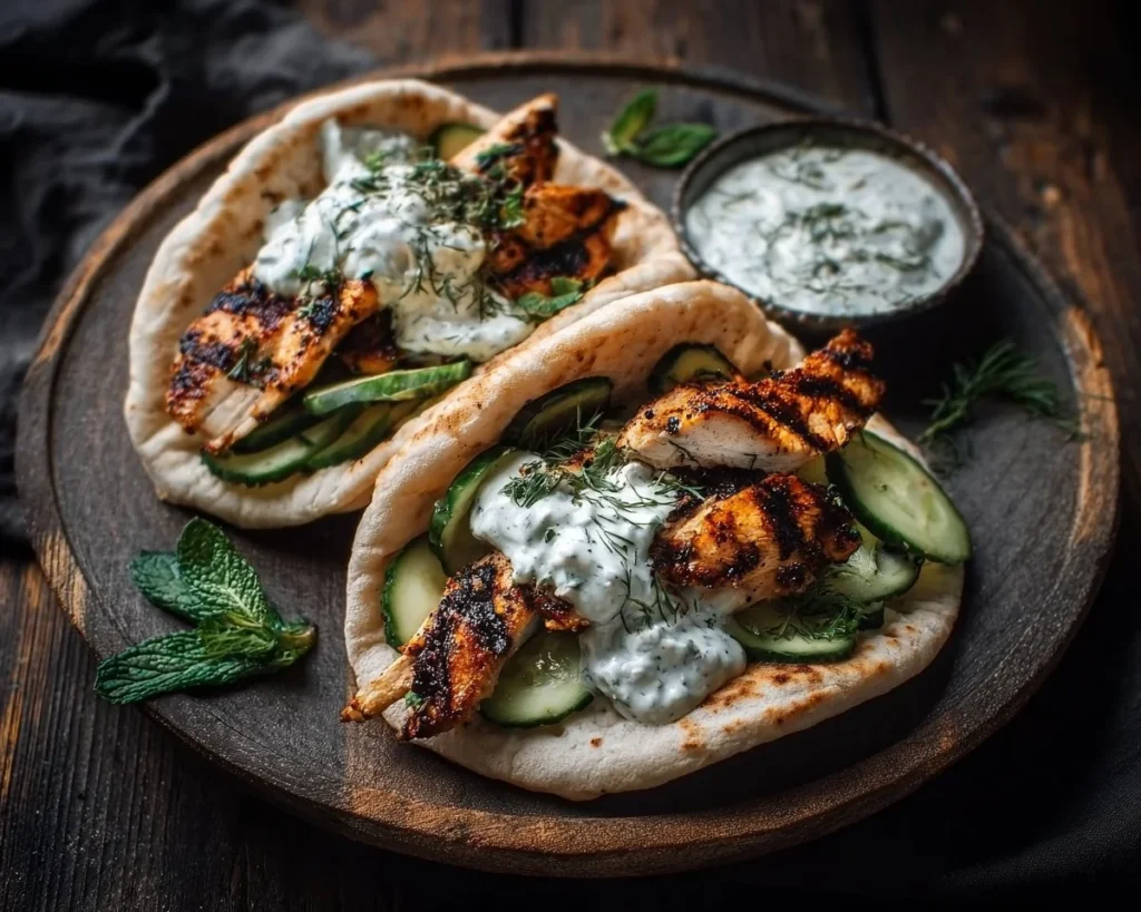 Plate of Grilled Chicken Gyros served with cucumber tzatziki sauce.