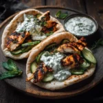 Plate of Grilled Chicken Gyros served with cucumber tzatziki sauce.
