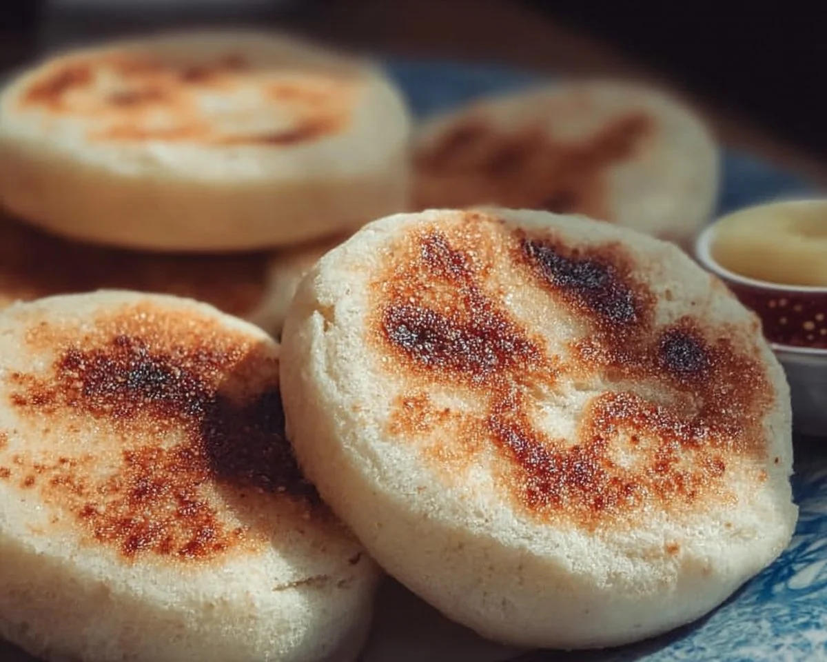 Freshly baked homemade English muffins on a wooden table
