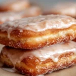 Delicious homemade maple donut bars on a plate, drizzled with maple glaze.