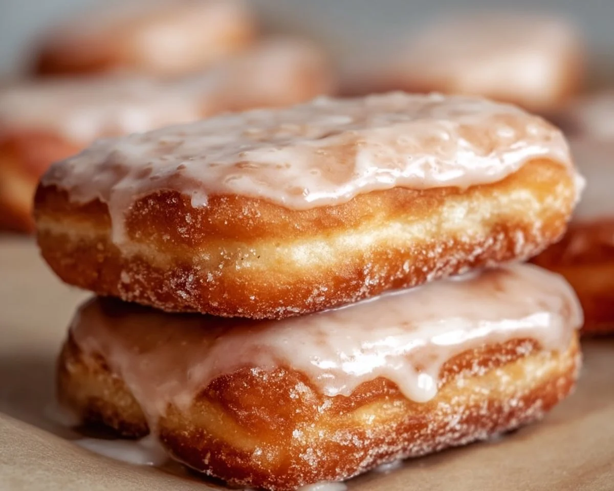 Delicious homemade maple donut bars on a plate, drizzled with maple glaze.