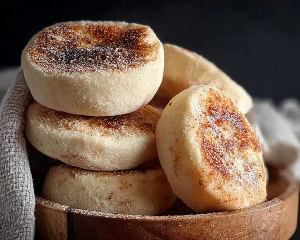 Homemade sourdough English muffins fresh from the oven with golden crusts.