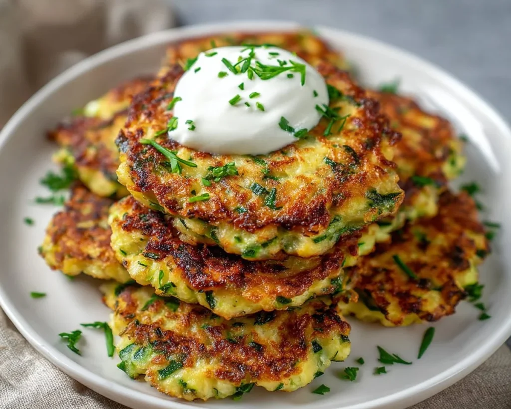 Plate of juicy keto low carb zucchini fritters garnished with fresh herbs