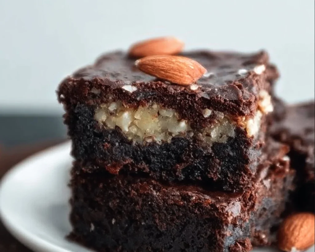 Keto Almond Joy Brownies topped with chocolate and coconut for a low-carb treat