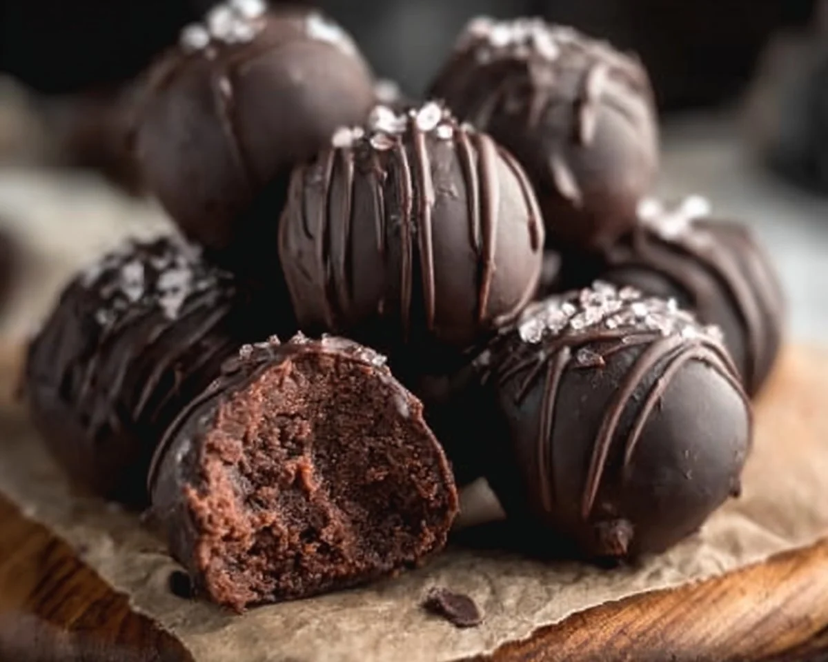 Keto brownie truffles topped with dark chocolate on a white plate