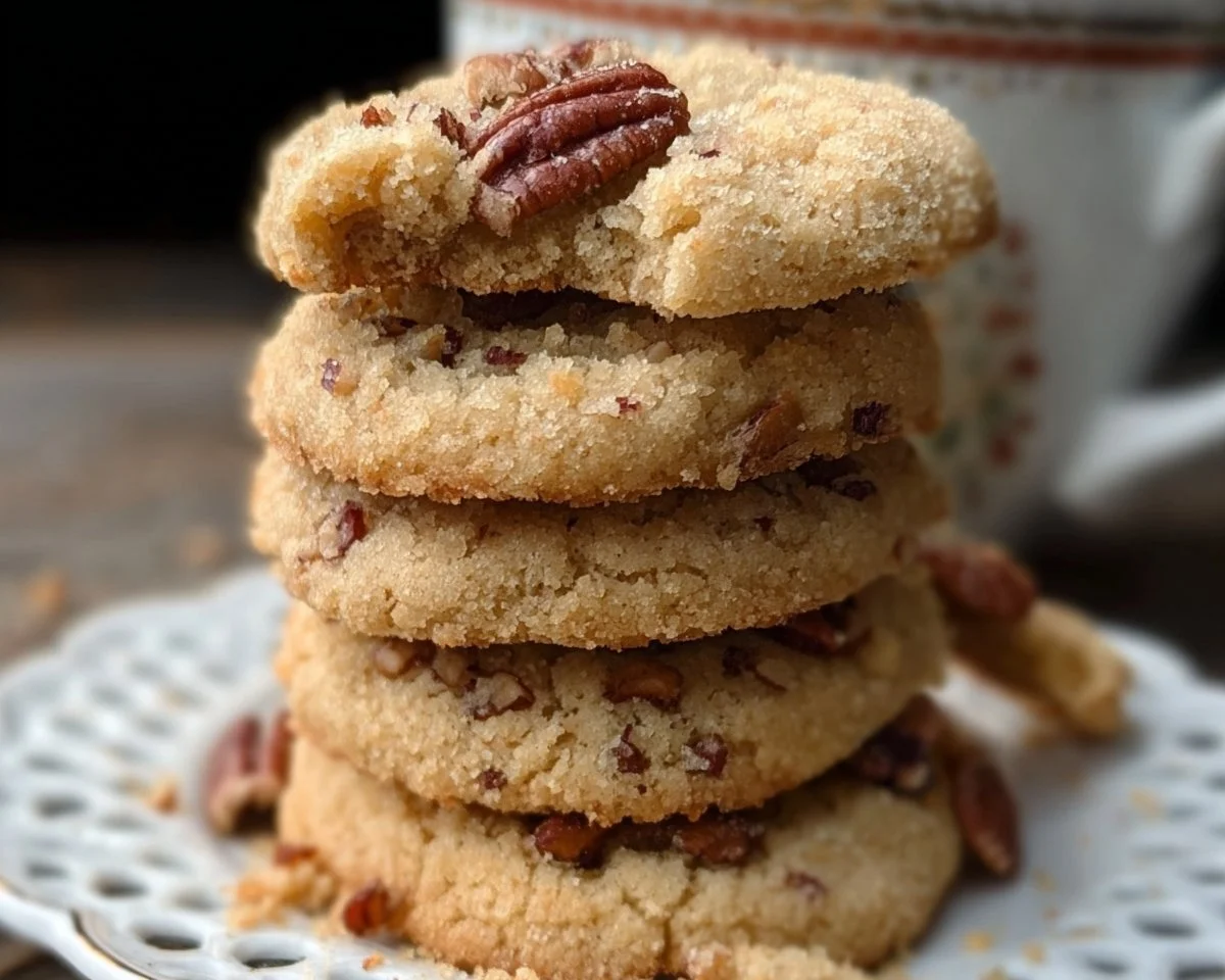 Delicious Keto Butter Pecan Cookies on a plate with a sprinkle of pecans.