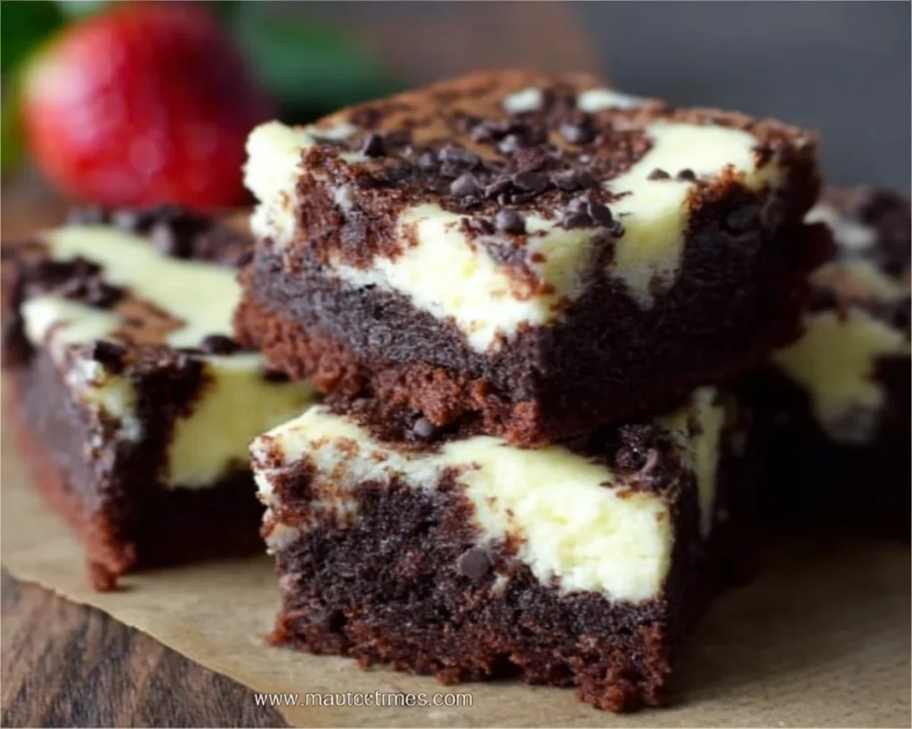 Delicious keto cheesecake brownies topped with a creamy layer