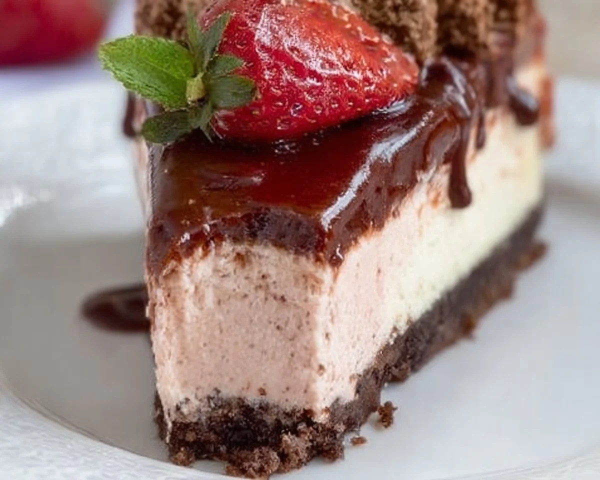 Delicious Keto Chocolate Strawberry Cheesecake topped with fresh strawberries