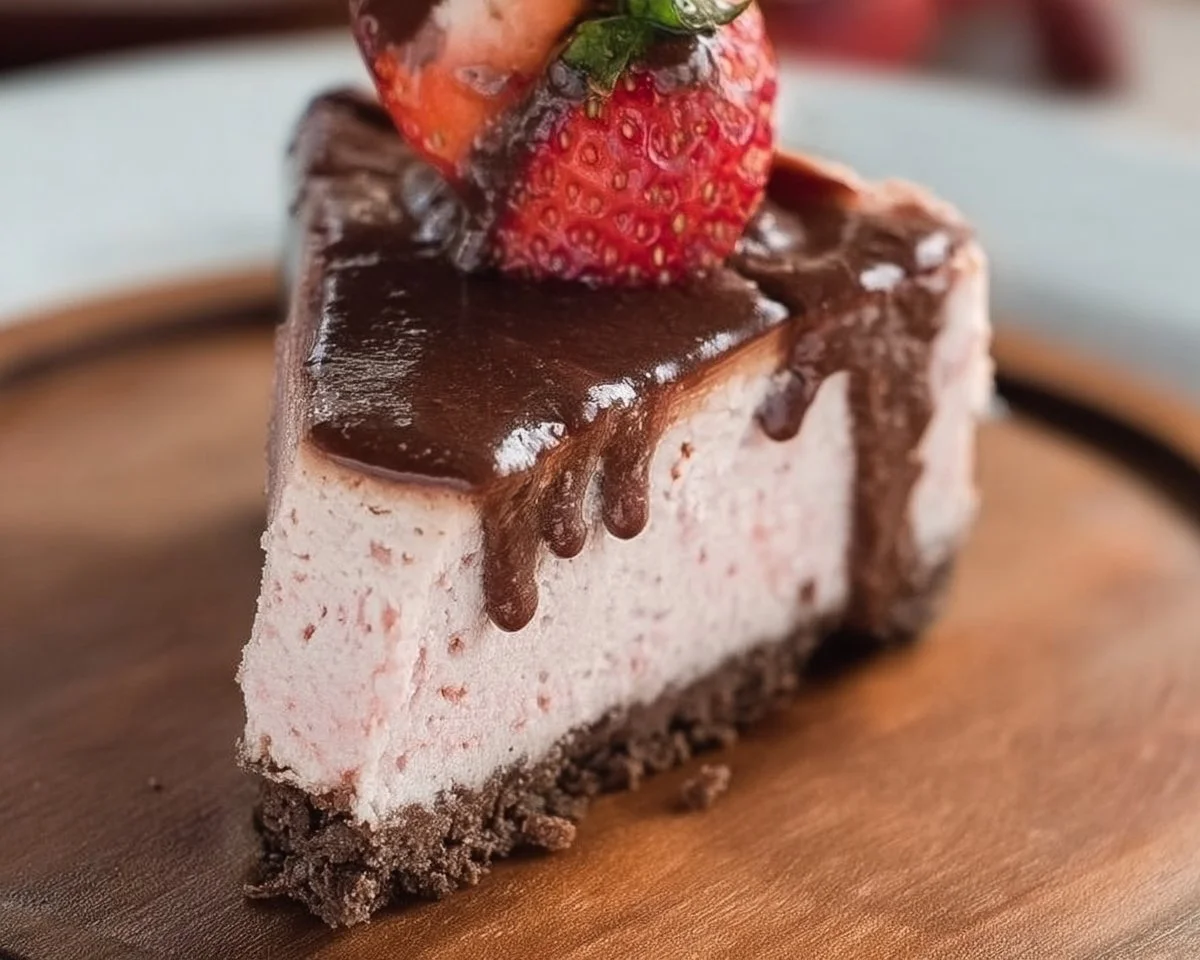 Delicious Keto Chocolate Strawberry Cheesecake topped with fresh strawberries.