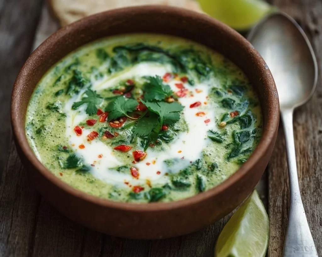Bowl of Keto Coconut Milk and Spinach Soup, a healthy low-carb meal.
