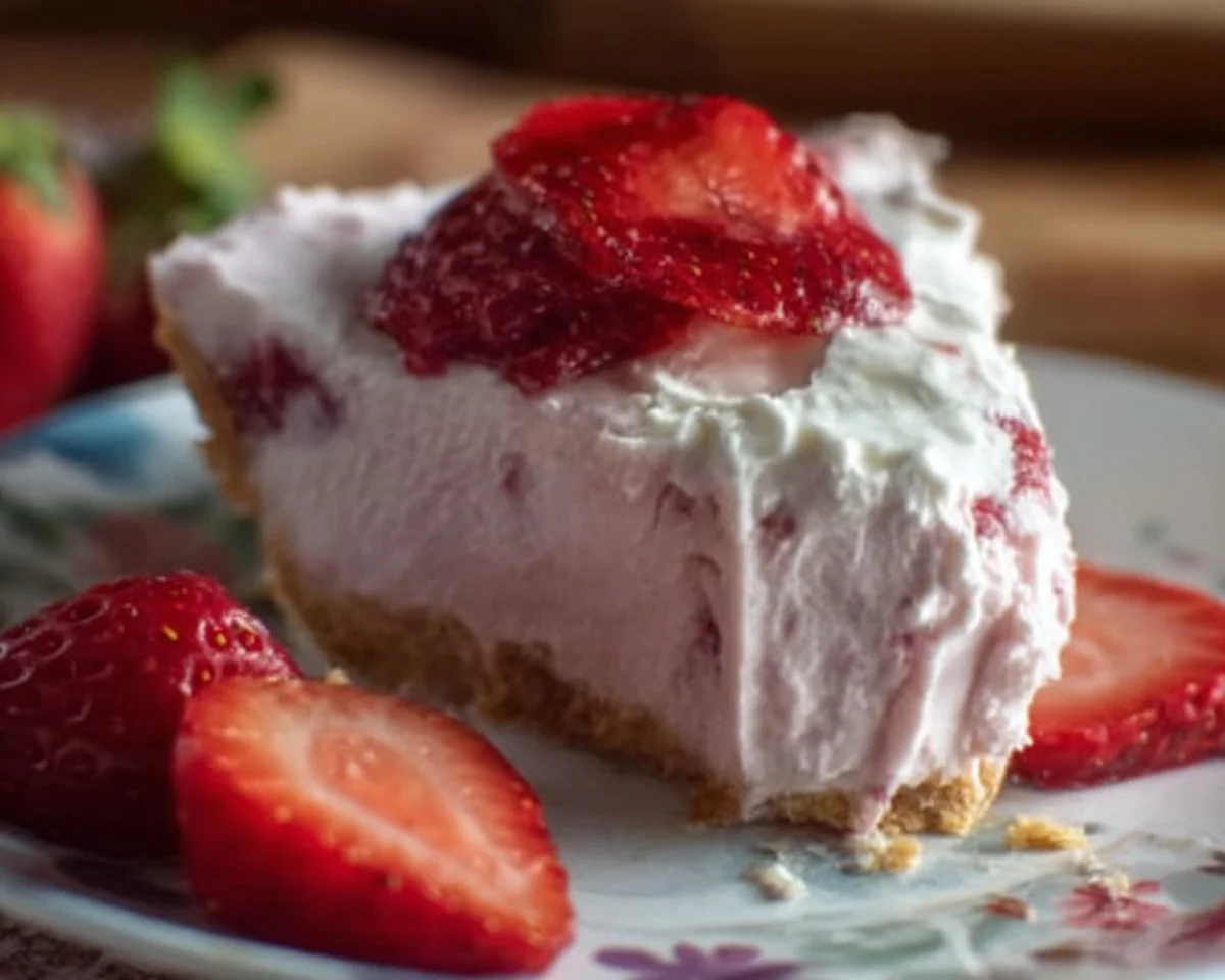 Keto frozen strawberry cheesecake pie served on a plate with fresh strawberries